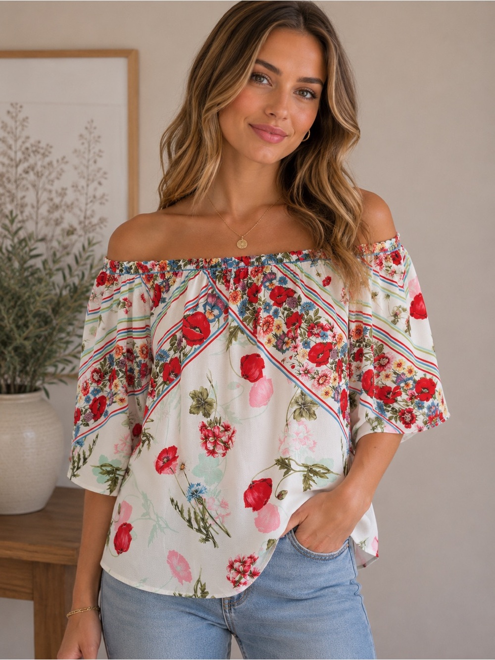 Jealous Tomato Poppy Floral Border Print Off-Shoulder Top Boho XS #S14